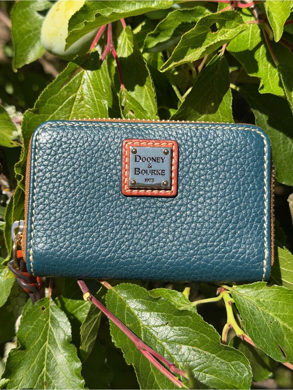 Dooney & Bourke Teal Pebbled Leather Zip Wallet with Tan Trim